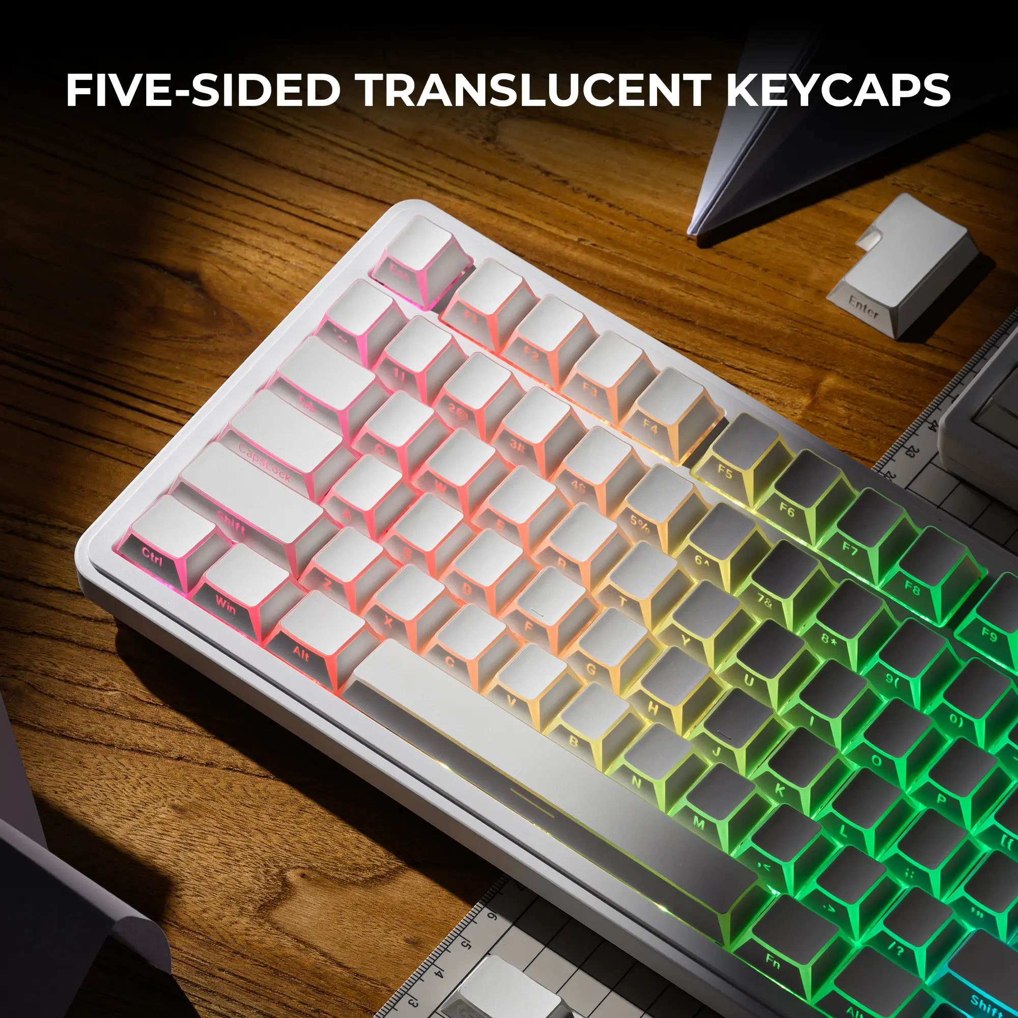 XVX Interlaced Shadow Cherry Profile PBT Keycap Set - 136-Key, White, Fold Side-Printed, Double-Shot Shine-Through, RGB Backlit keycaps, for MX Switches ＆ ANSI Layout, with Keycap Puller (Keycaps Only, Keyboard Not Included)