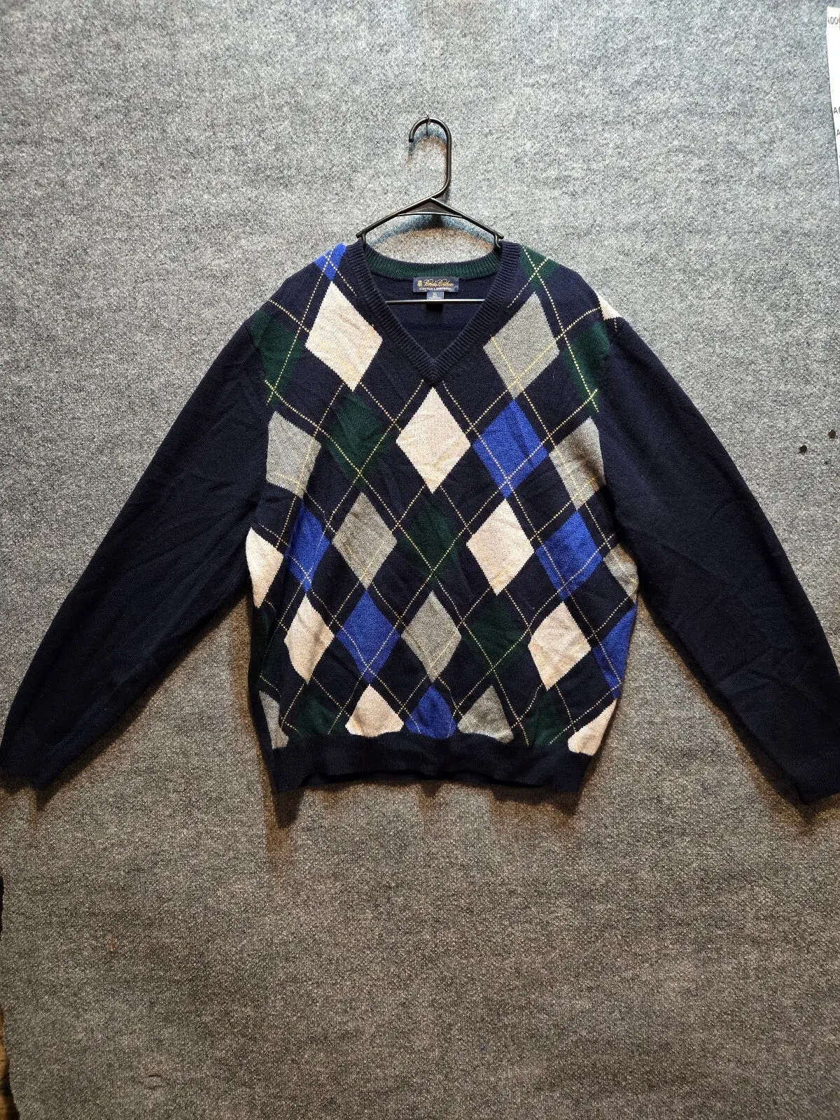 Brooks Brothers Men's 100% Scottish Lambswool Argyle V-Neck Sweater Navy XL
