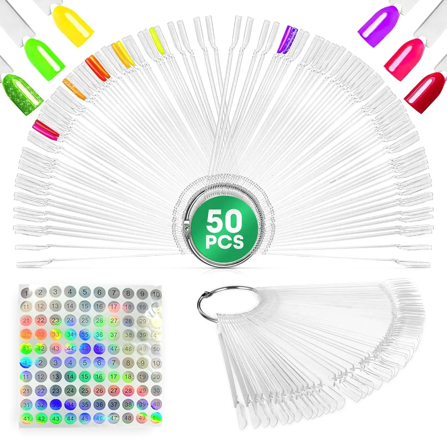 50 Pcs Clear Nail Swatch Sticks, Numbered Tips & Metal Ring, Acrylic | Transparent Swatches for Gel Polish; Reusable, Wide Application; Compatible with Rhinestones, Accessories and Silk Nail Wrap