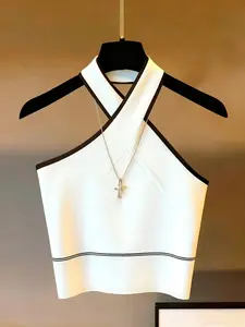 Women's Spring Summer Fashion Casual Knitted Short Halter Top, Colorblock Cami Top Cross Back Design, Slim Fit Sleeveless Blouse
