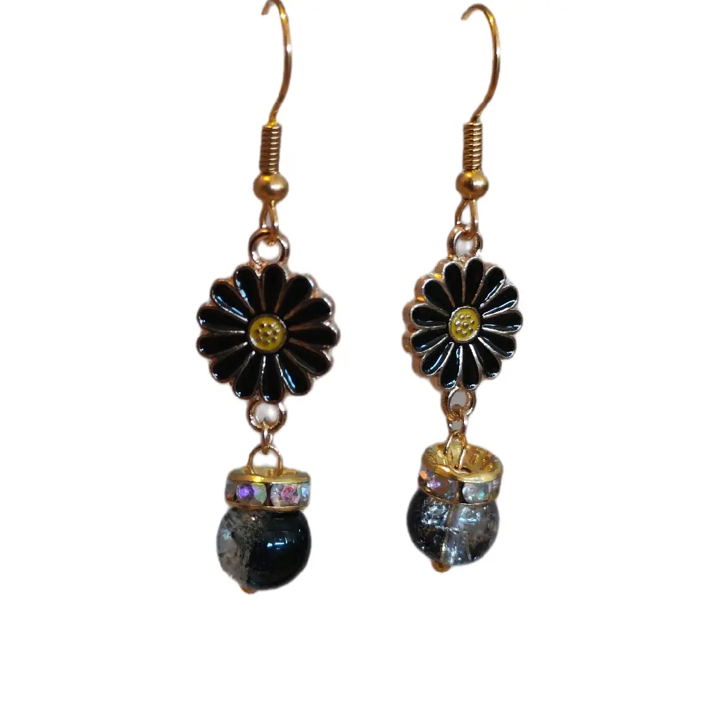 Daisy Earrings with Colorful Crackle Glass Beads and Rhinestones Featuring Flower Design and Sparkling Bead Drop. Playful Stylish Earrings for Women and Girls for Everyday Wear