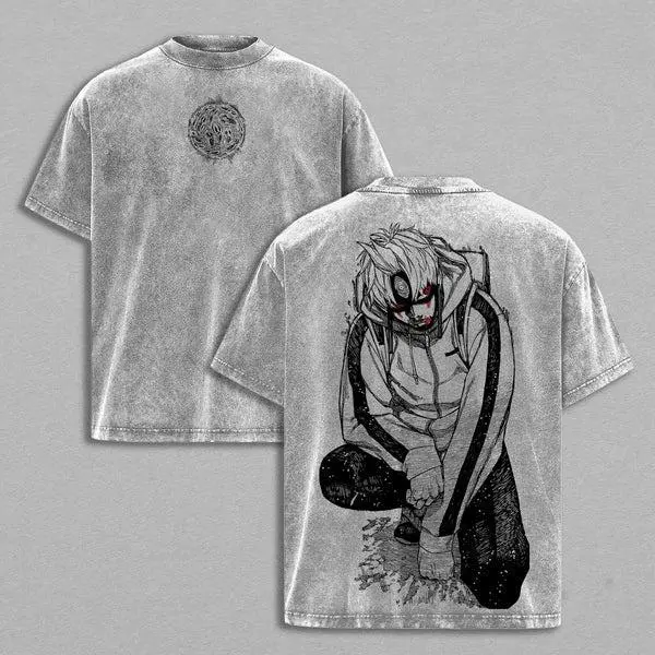 Vintage Washed Hunter x Hunter Killua Zoldyck Double Sided T-Shirt, Oversized Retro Distressed Anime Graphic Tee, Harajuku Streetwear Y2K Aesthetic, 100% Cotton Casual Short Sleeve Top, Japanese Manga Godspeed Print Summer Outfit for Men Women, Shortsleev