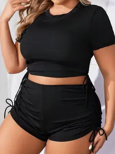 Pure Color Drawstring Bathing Suit Conservative Plus Size Swimsuit, Drawstring Swimsuits, Triangle Bikini Bottoms, Beachwear, Huludao Style, Perfect for Summer