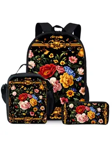 Elegant Flower Print Backpack Set, including lunch bag, pencil case and shoulder bag