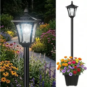 76" Solar Lamp  Lights with Planter, Glass & Metal Street Light Outdoor , 60 Lumens  Solar Pole Light for Garden, Yard, Driveway, Porch, Patio, Cool White