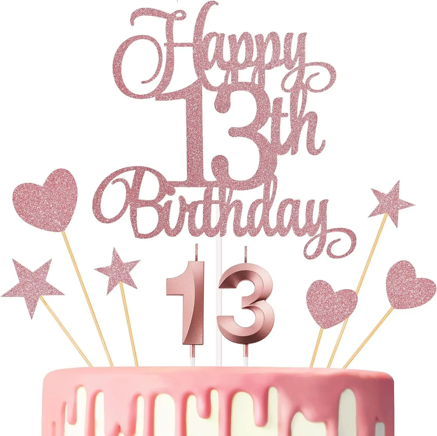 13th Birthday Cake Decorations Set (Rose Gold) - Includes Numeral Candles Glitter Happy 13th Birthday Cake Topper for Birthday Party Supplies
