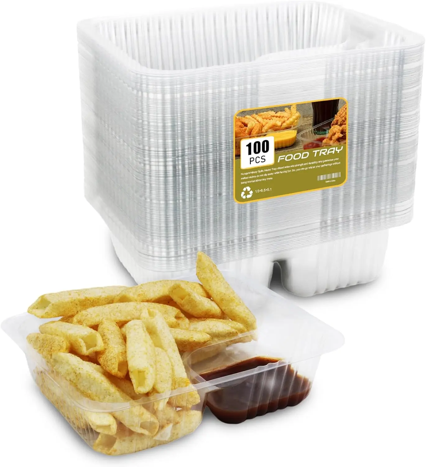 Disposable Plastic Nacho Trays (100 PC, 12oz) - 6x5 In 2-Compartment Clear Snack Trays with Chip and Dip Holder for Kids, Parties, Home & Festive Supplies