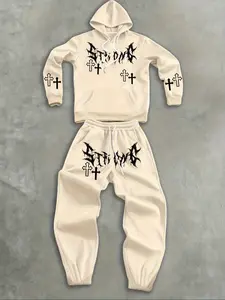 Men's Fleece Hoodie Set 2 Piece Letter Cross Pattern Print Hooded Sweatshirt + Drawstring Casual Fleece Sport Pants Streetwear, Loose Casual Athleisure Sweatsuit Matching Set