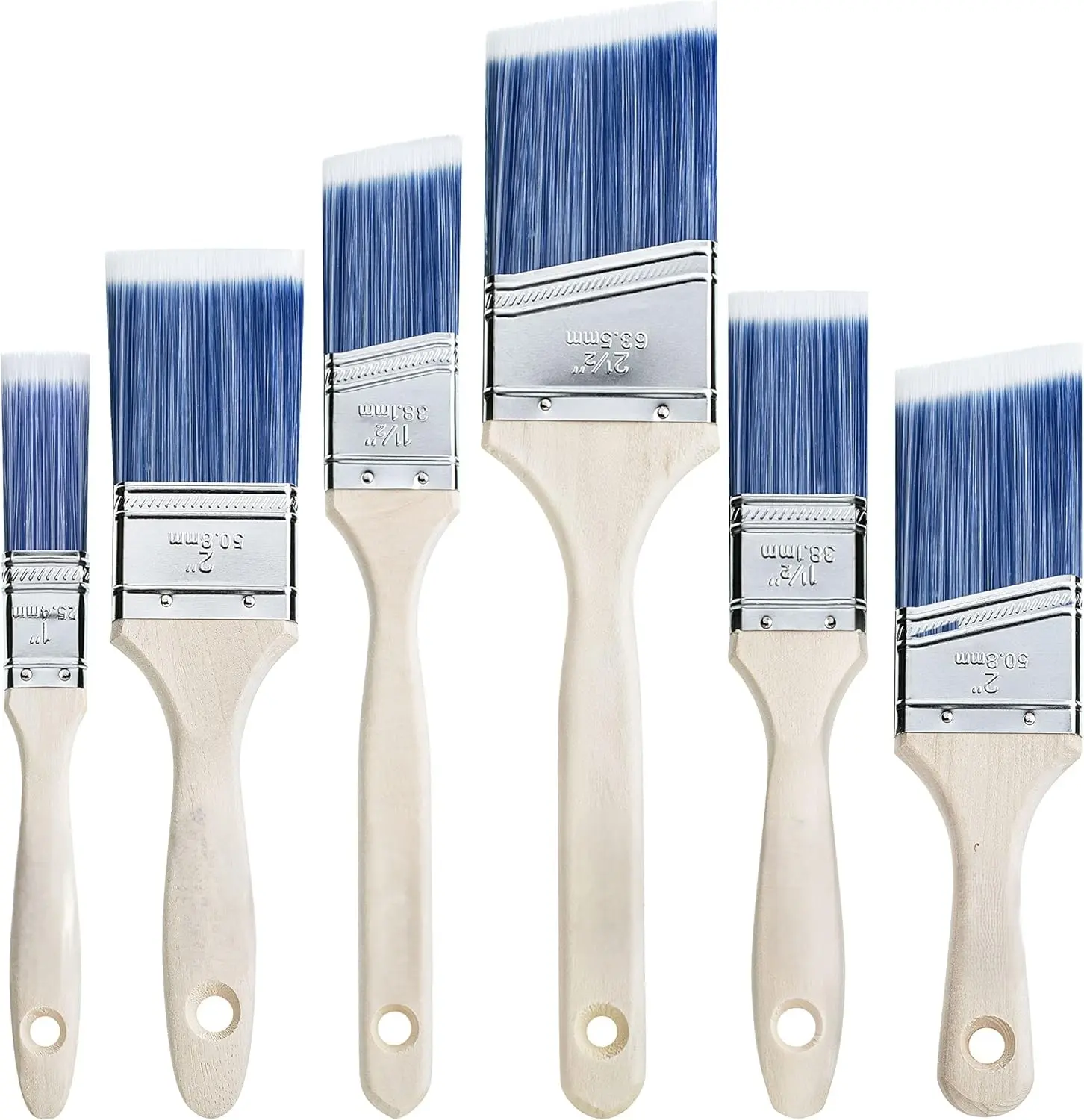 6-Pack Treated Wood Handle Paint Brushes - Ergonomically Designed to Minimize Hand Fatigue, for Interior Painting Projects, Broad Wall Coverage, Detailed Trim Work & Smooth Even Strokes