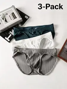 Men's Striped Triangle Underwear Set, High Stretch Breathable, Slim Fit, Plain Pattern, Sporty Daily Wear, Underwear All Seasons, 3 Pack