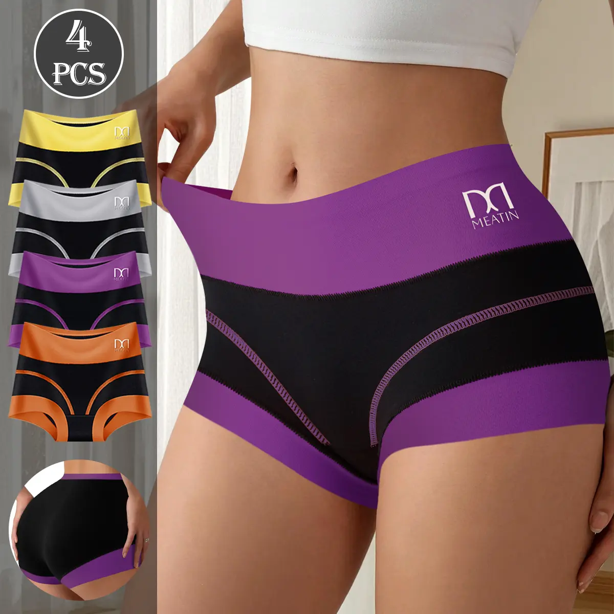 4PCS Women's High-Waist Cotton Seamless Boxer Shorts Panties for Women, Breathable & Soft Multiple Colors Safety Shorts Briefs, Comfortable Full Coverage Tummy Control Butt Lifter Underwear, S-XXL Womenswear Style Bridal