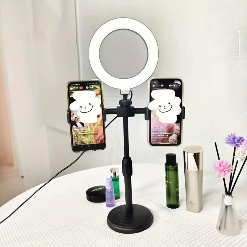 360° Rotating Adjustable Mobile Phone Live Streaming Stand with Beauty Light, Dual Clamps for 2 Smartphones - Camera Accessory for Vlogging, Content Creation