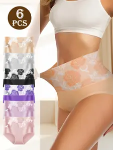 QUASTI 6PCS Adult Cotton Underwear For Women, Full Coverage Briefs Soft Strech Ladies Breathable Panties, Delicate Floral Pattern Underwear, Suitable For Womenswear Day Birthday Gifts For Women