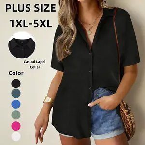 【Plus Size】Women's Button-Down Collar Short-Sleeve Rolled Cuff Summer Lightweight Shirt XL-5XL Regular Fit Casual Shirt Solid Color Short Sleeve Premium Look Black Basic clothes for women summer tops plus size fashion Womenswear Shortsleeve Top