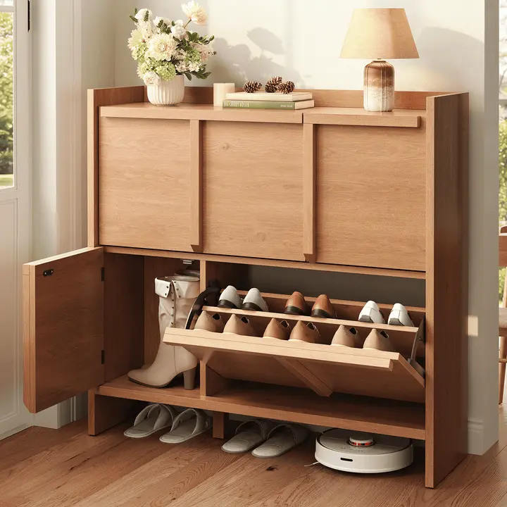 Sikaic 4-Door Ultra-Thin Shoe Cabinet with Adjustable Shelves and Flip Drawers Walnut Space-Saving Design 10.2" Deep, Holds 18-24 Pairs, Hidden Handles, Anti-Tip Wall Anchor, Easy Assembly