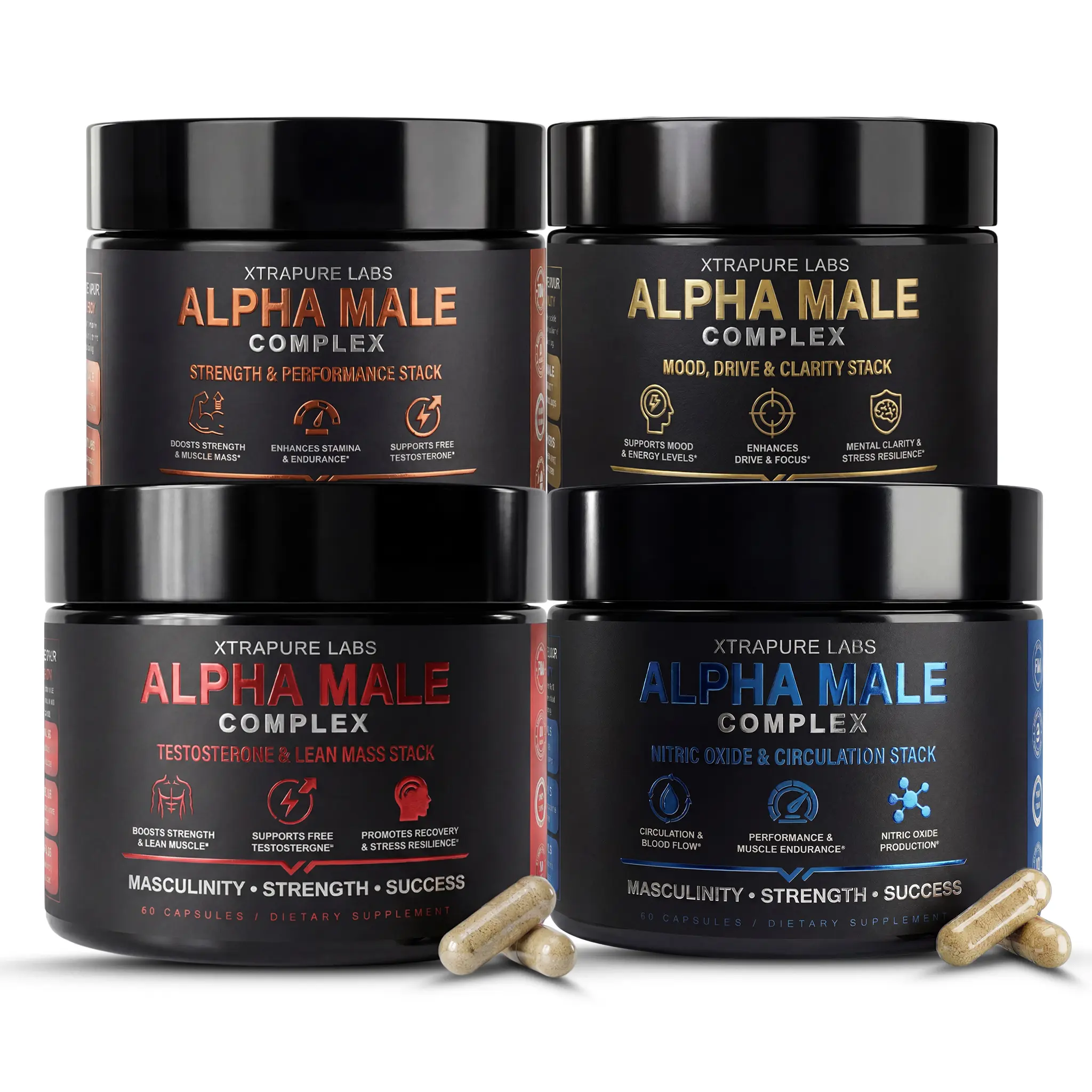 Alpha Male Complex 4-Stack Ultimate Bundle | Testosterone & Lean Mass + Strength & Performance + Mood, Drive & Clarity + Nitric Oxide & Circulation | Complete Daily Men’s Performance System