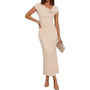 ZESICA Women's Summer Asymmetrical Bodycon Midi Dresses 2026 Formal Ruched Wedding Guest Cocktail Party Long Dress