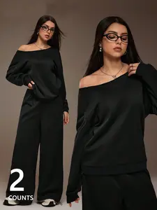 Women's Fashion Asymmetrical Shoulder Solid Color Long Sleeves Sweatshirt and Drawstring High Waist Wide Leg Fleece Pants Set, Spring Autumn Straight Leg Pants Set Womenswear