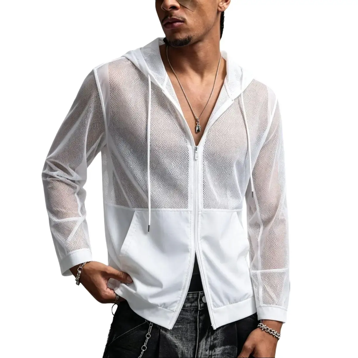 Men's mesh cutout hooded sun jacket, lightweight and breathable casual outerwear