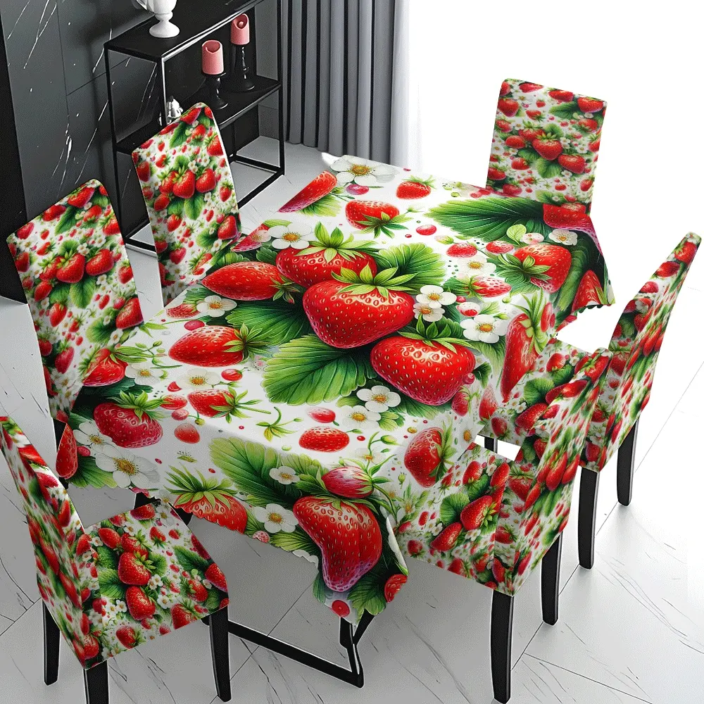 5/7 Pcs 2D Fresh Strawberry Floral Print Tablecloth & Chair Cover Set, Stretch Chair Slipcovers, Stretch Washable Removable Dining Chair Slipcover, Sweet Summer Fruit Style Home Kitchen Party Decor