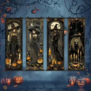 Halloween Hanging Banner, 4 Counts/set Mystery Witch Canvas Poster, Scary Character Decoration, Halloween Decorations, Horror Poster, Party Posters, Halloween Gift