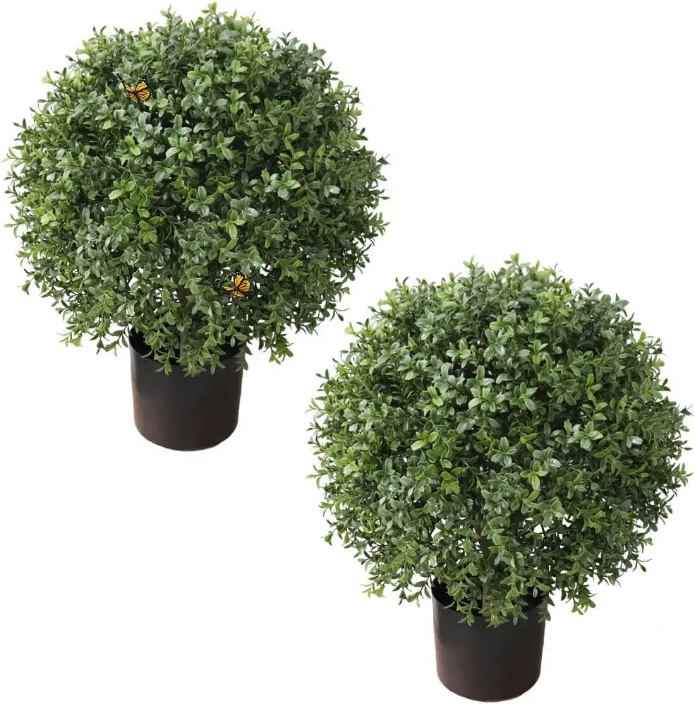 NAUDIL 24" Tall 19" Diameter UV Resistant Topiaries Trees Artificial Outdoors, 2 Pack Fake Boxwood Bushes Faux Shrub, Outside Potted Tree，  outdoor artificial flowers   plants