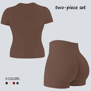 Jetjoy Womens Workout Sets 2 Piece,Gym Sets for Women 2 Piece Seamless Short Sleeve Tank Top Hidden Scrunch Shorts athleisure Yoga Outfits Gym Tracksuit summeroutfit
