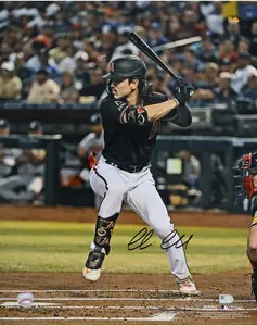 Corbin Carroll Arizona Diamondbacks Autographed 16" x 20" Black Jersey Hitting Photograph - Fanatics Authentic Certified
