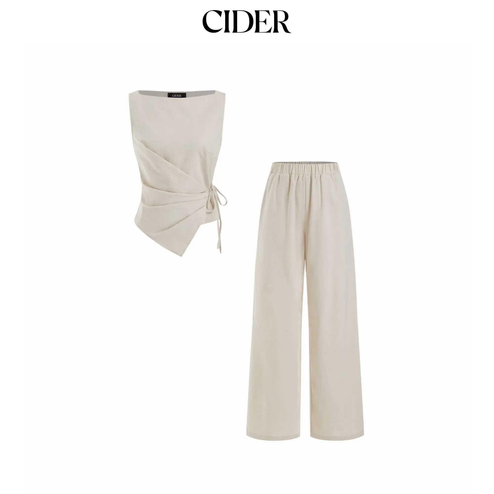 Cider Linen-blend Boat Neck Wrap Tie Top & Mid Rise Capri Trousers Set