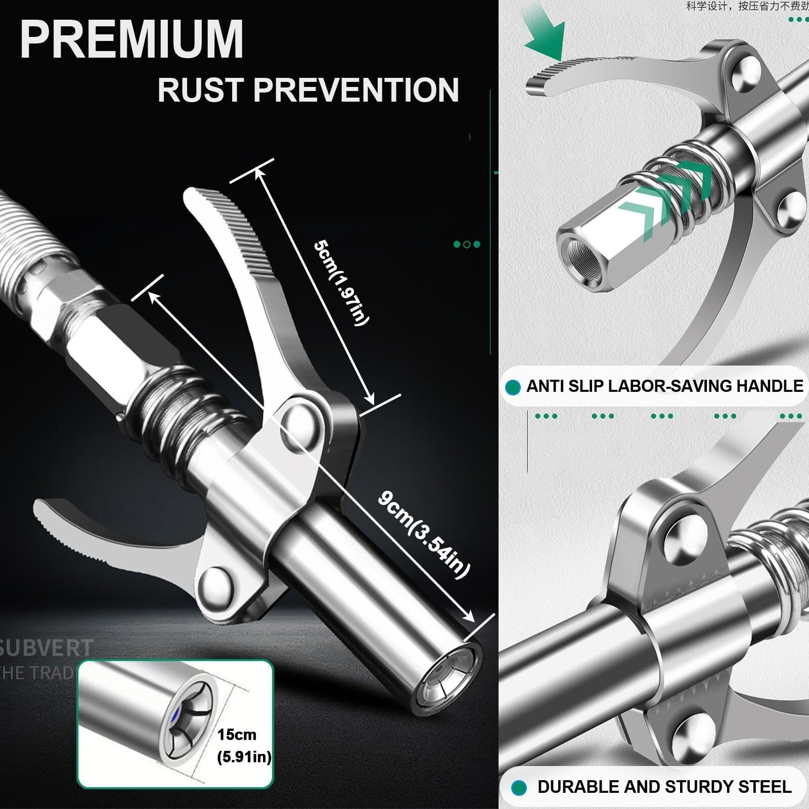 Locking Grease Gun Coupler with Flexible Hose, Leak-Proof Quick Release 6-Jaw Grease Gun Tip for 1/8" NPT Fittings, Rated 10000 PSI for Manual Pneumatic Battery Grease GunsAdjustable Stainless Steel Tool Set Locking Grease Gun Coupler with Flexible Hose, Leak-Proof Quick Release 6-Jaw Grease Gun Tip for 1/8" NPT Fittings, Rated 10000 PSI for Manual Pneumatic Battery Grease GunsAdjustable Stainless Steel Tool Set
