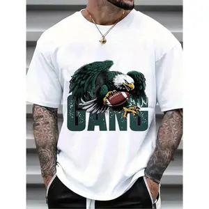 Men's Athletic Graphic T-Shirt - White Tee with Eagle Football Design - Heavyweight 100% Cotton Shirt for Gym, Sports Fans - Machine Washable Everyday Casual Wear, Sports T Shirt, Gift for Sports Fans, Bold Printed Design, Breathable Fabric, Workout Cloth