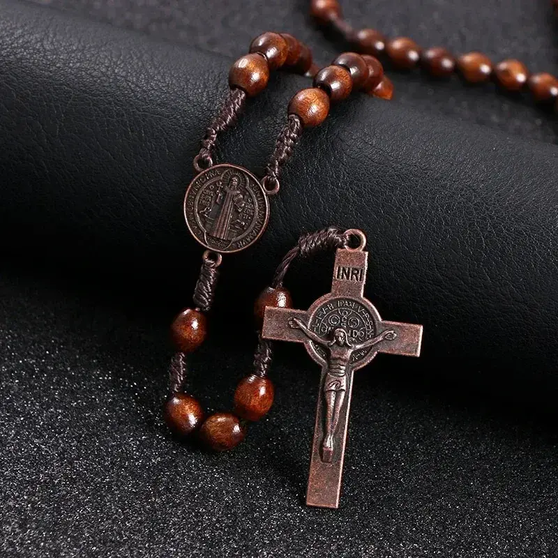 Christ Jesus Wooden Beads 8mm Rosary Bead Cross Car Pendant Woven Rope Chain Necklace Religious Orthodox Praying  Jewelry