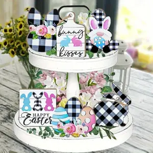 Easter Themed Wooden Tiered Tray Decoration, 1 Set Happy Easter Letter & Rabbit & Egg Pattern Decor Ornament without Tray, Desktop Decor for Home Party