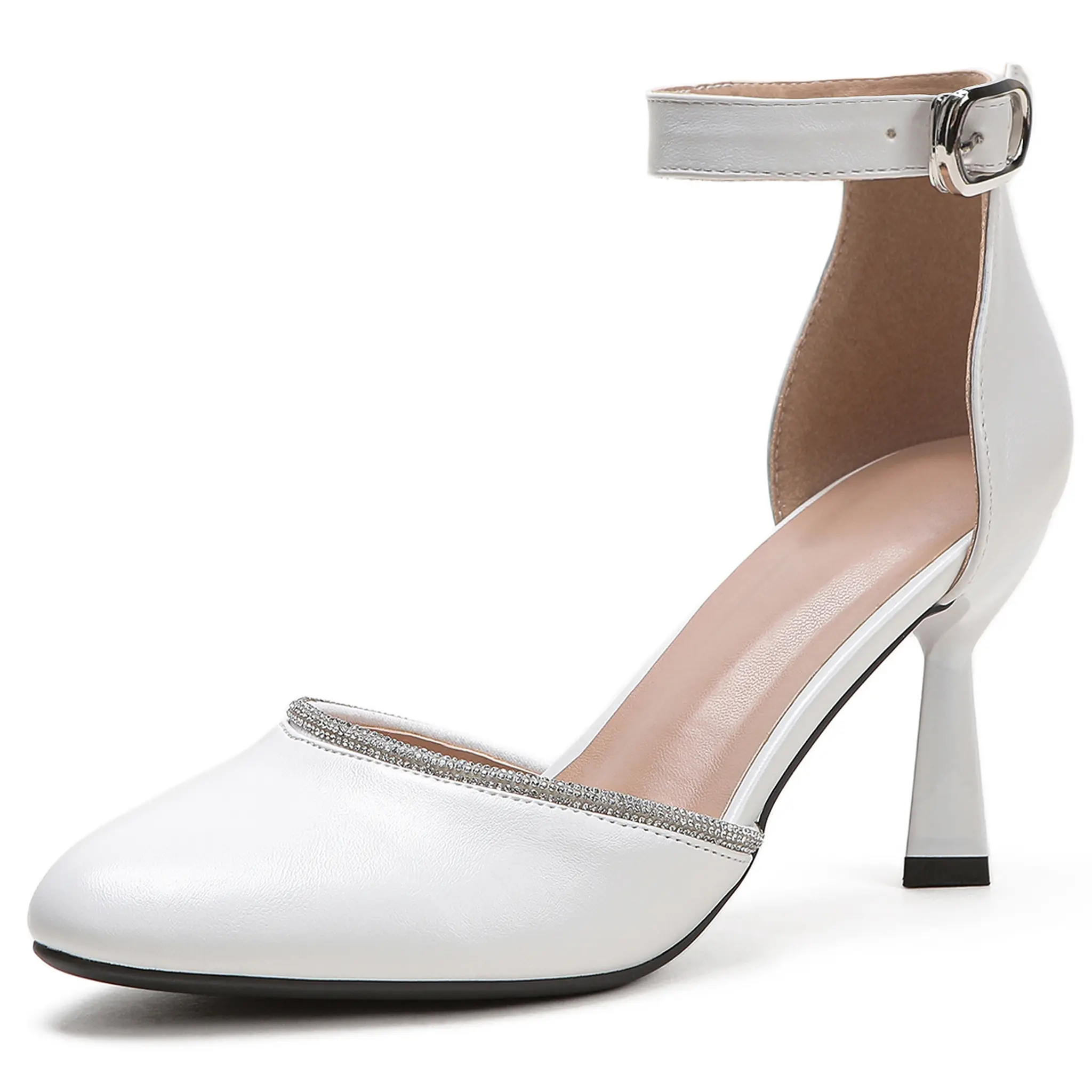 Women's Pointed Toe Heels Sandals ,Cute white heel pumps with crystal trim, Elegant White Leather Ankle Strap Heels Sparkly Rhinestone Round Toe High Heels Bridal Wedding Sandalsv Peep Toe Low Wedges Platform