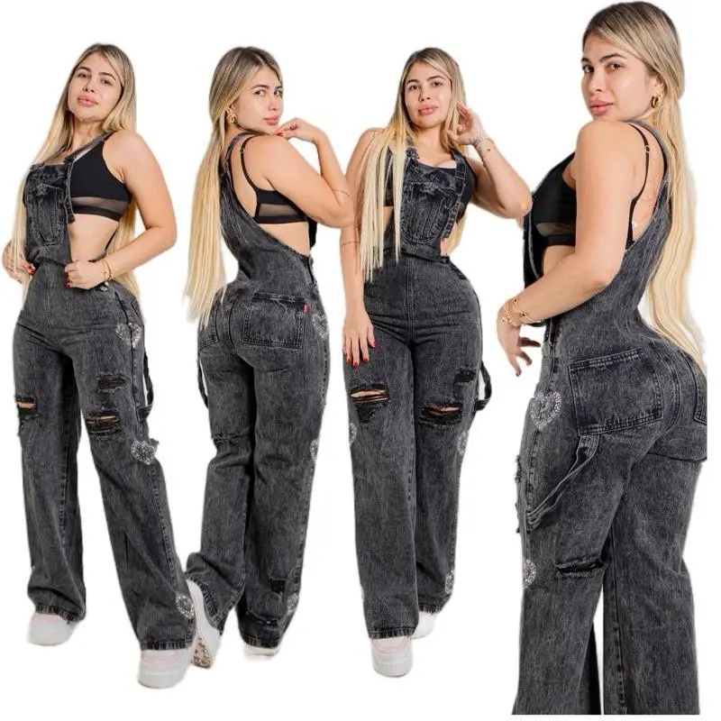 K4643 Rigid Denim Overalls with Rhinestone Heart Details and Distressed Ripped Knees