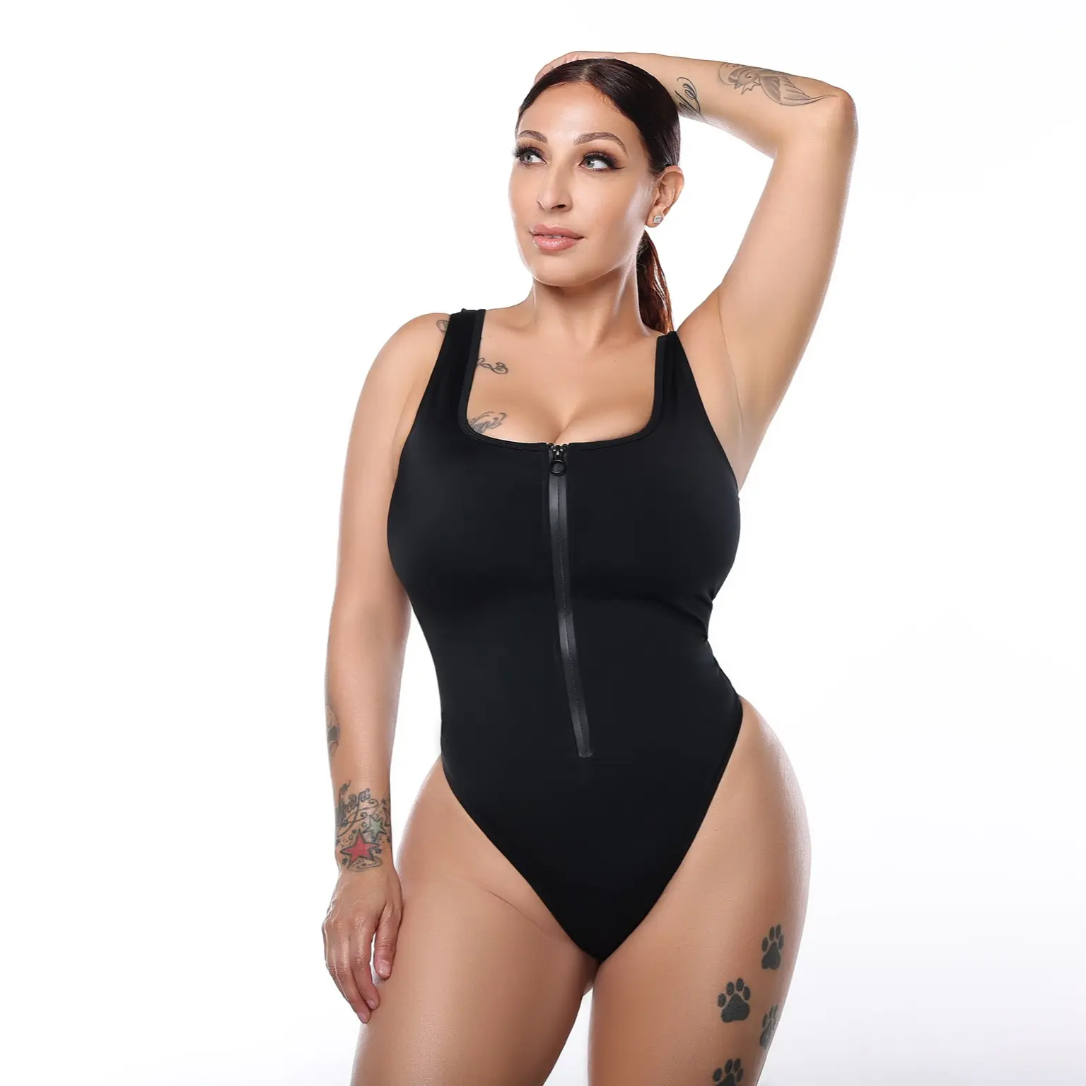 Cur-V One Piece Zip Up Brazilian Cut Swimsuit - Tight Fitting Functional Stylish Waterproof Design with Slimming Compression & High-Cut Leg Opening