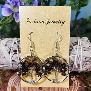 Platinum Plated Smoky Quartz Tree of Life Earrings for Protection and Clarity, Hand-Crafted and Moonlight Charged hippiejewelry earthy jewelry