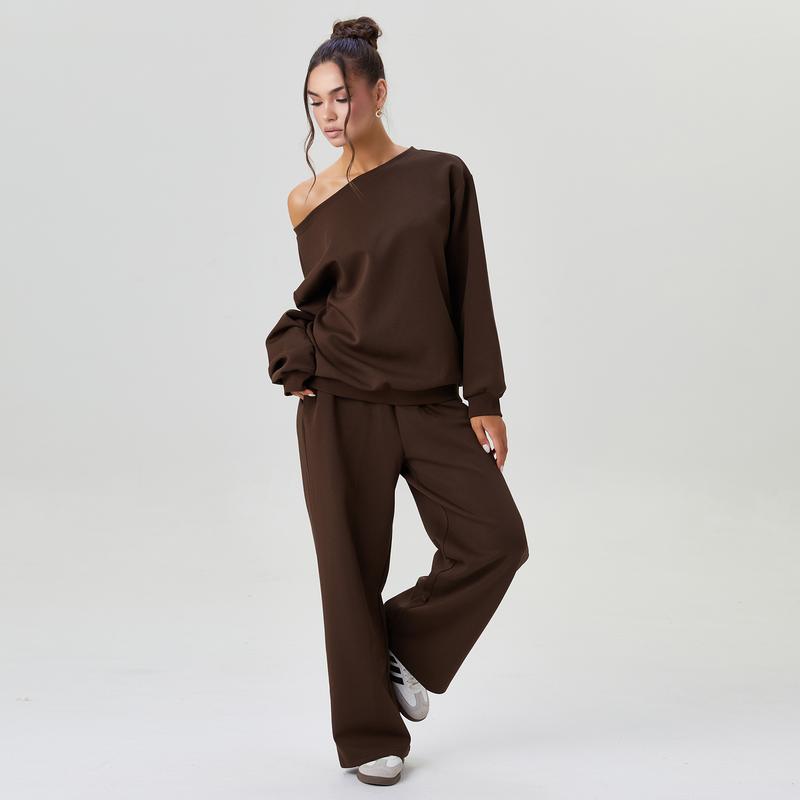 KatchMe Women's Leisure Solid Color Sloping Shoulder Long Sleeve Top & Wide Leg Trousers Co-ord, Cozy Scoop Neck Loose Two Piece Outfits, Basic Womenswear KatchMe Women's Leisure Solid Color Sloping Shoulder Long Sleeve Top & Wide Leg Trousers Co-ord, Cozy Scoop Neck Loose Two Piece Outfits, Basic Womenswear