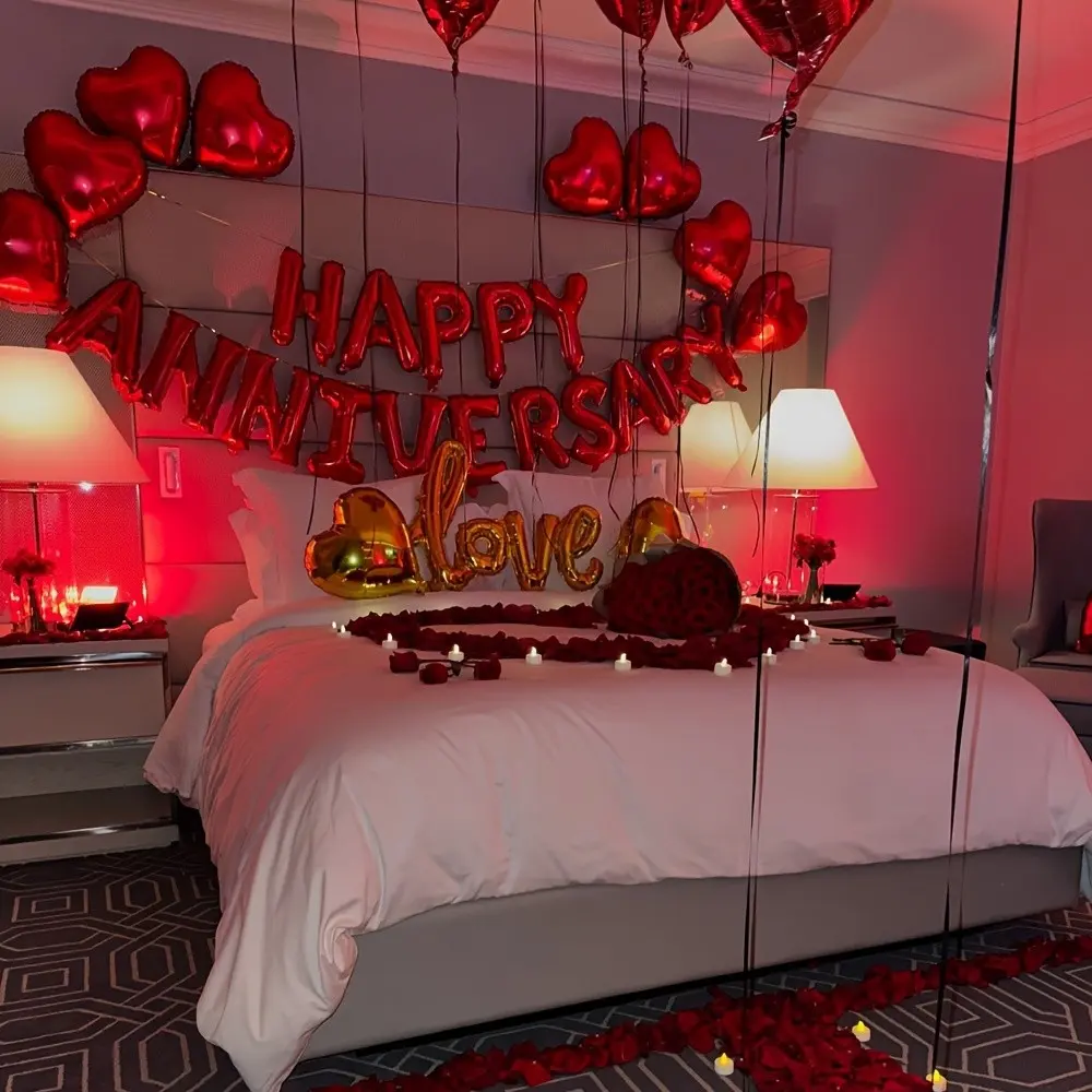 Anniversary Decoration Banner, Gold Heart Foil Balloons, 1000 Silk Rose Petals, Wedding, Valentine's Day, Singles Party, Birthday Decor, Balloon Decorations