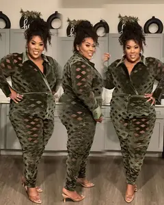 PLUS SIZE "DARE TO BE DIFFERENT" 2-PIECE MESH & VELVET SET-OLIVE-31