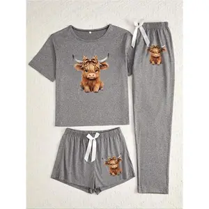 Cartoon Highland Cow Print Women's Pajama Sets, Casual All Seasons Nightwear, Fitted Knitted Fabric Sleepwear