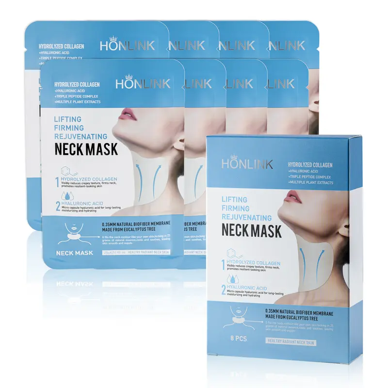 HONLINK Neck Mask (8PCS) - Alcohol-Free Gentle Plant-Based Body Care Moisturizer with Collagen Blend, Hyaluronic Boost, Peptides, Licorice Soothe for Adults' Crepey Skin, Fine Lines, Elasticity (All Skin Types, With Bag & Box)