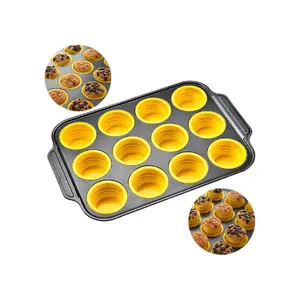 Silicone Muffin Pan, 12 Cups Muffin Pans with Metal Frame Nonstick Press to Easily Pop Out for Baking Homemade Muffins, Breads, Cupcakes, Egg Bites, BPA-Free Silicone Muffin Tin Cupcake Pan Mold