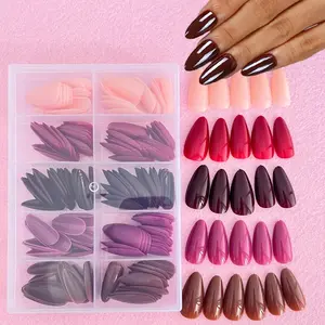 240Pcs Almond Shaped Press On Nails Set - Nail Extension - Medium Length Glossy Burgundy & Nude False Nails, Mixed Red Shades, Pure Color, Glossy Finish - Easy To Wear Stick-On Nails, Variety Pack