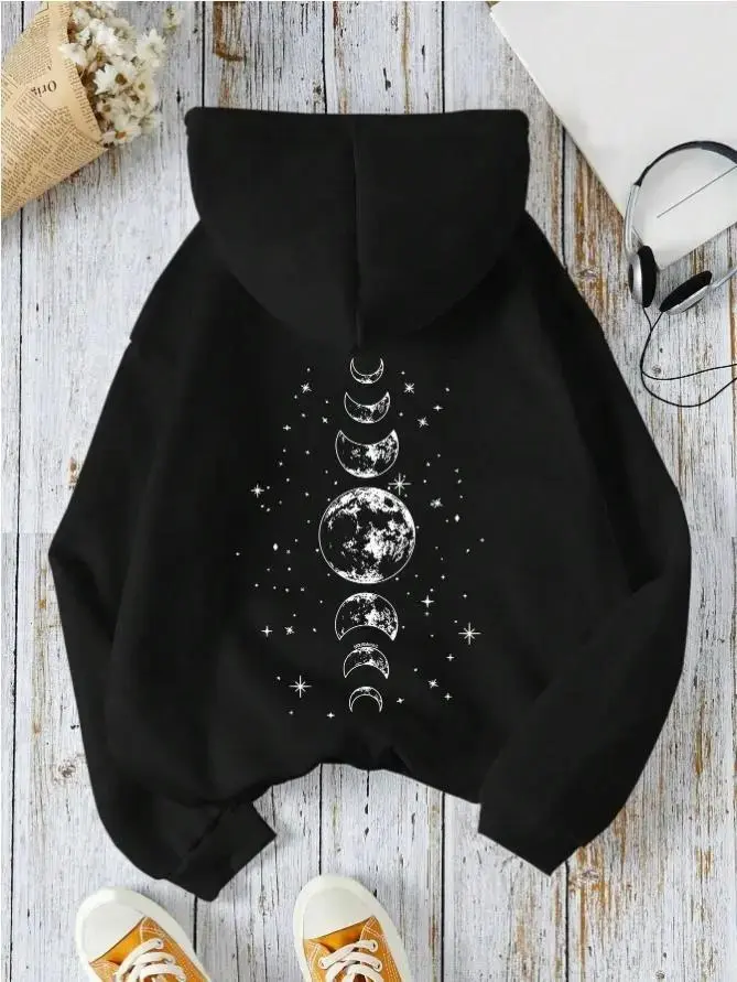 MXZDFKD SHOP Women's Oversize Star & Moon Graphic Printed Cotton Hooded Long Sleeve Sweatshirt - Everyday, Soft, Multi-Size Tee, Smooth, Lightweight, Breathable, Comfortable Top - Fall Casual Pullover for Graduation, Back To School