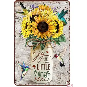 Sunflower Metal Wall Decor Hummingbird Sunflower Enjoy The Little Things Metal Signs Vintage Room Decor Aesthetic Wall Art Tin Sign Gift for Garage Man Cave Bar 8x12 inch