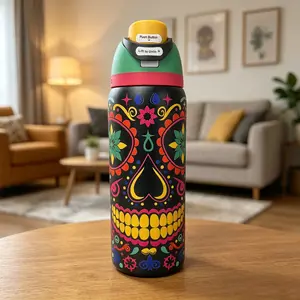 Owala FreeSip Glow-in-the-Dark Graffiti Retro Candy Skull 32 oz Wide Mouth Portable Insulated Vacuum Tumbler - Large Capacity Water Bottle for Camping, Travel, Office Use