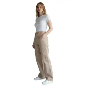 Wax Jean - High Rise Wide Leg Twill Cargo Pants in Khaki (30.5" Inseam) - 90339