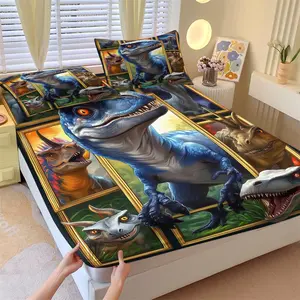 Dinosaur patterned fitted sheet, a gift for dinosaur enthusiasts, including 1 bed sheet and 2 pillowcases, non slip dust cover suitable for bedrooms and guest rooms, suitable for personal use or gift giving, Bedsheet Sets