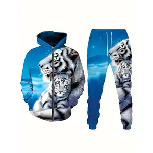 [3D Tiger Print Sweatsuit] Polyester Casual Hooded Sweatsuit - Regular Fit, 3D Tiger Print - Men's Fall/Winter